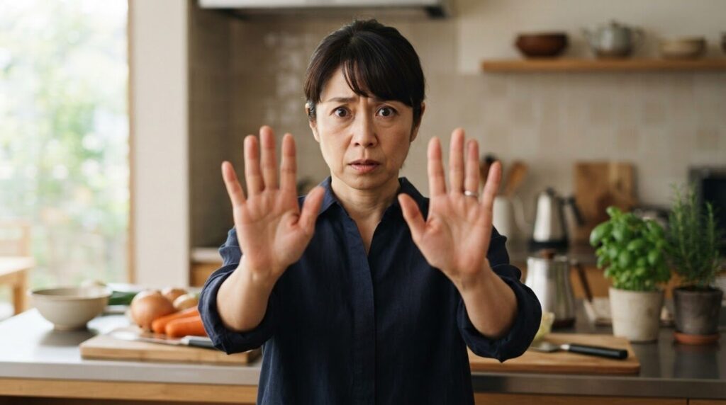 キッチンで視聴者に向かって両手を上げて「やめてください!」と真剣に警告・注意を促す表情の日本人女性。