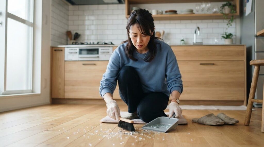 割れたガラス片を小さなブラシとちりとりで安全に片付ける日本人女性。保護手袋を着用し、安全配慮した掃除の様子。