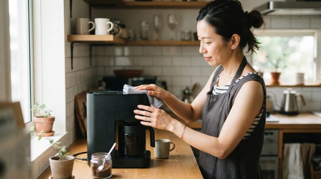 自動コーヒーメーカーの本体ふたをやわらかい布で丁寧に拭き上げる日本人女性の手元アップ写真