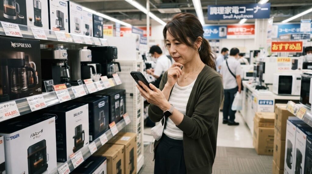 家電量販店の通路でスマートフォンの商品情報を確認している日本人女性