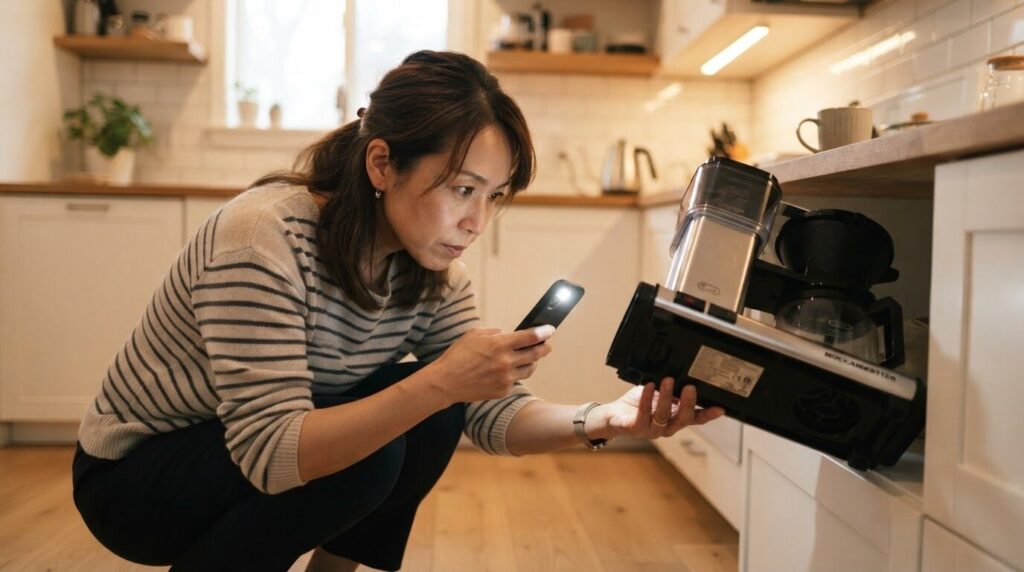 キッチンでしゃがんで、スマートフォンのライトでコーヒーメーカー本体の底面にある型番ラベルを確認している日本人女性