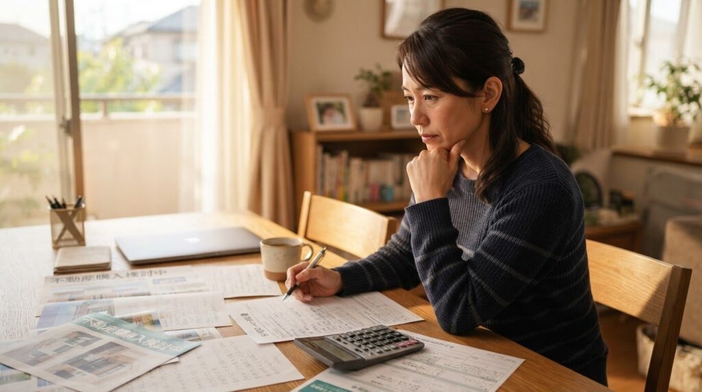 机上で書類や電卓を前に熟考する日本人女性。部品交換か買い替えか真剣に判断する落ち着いた様子