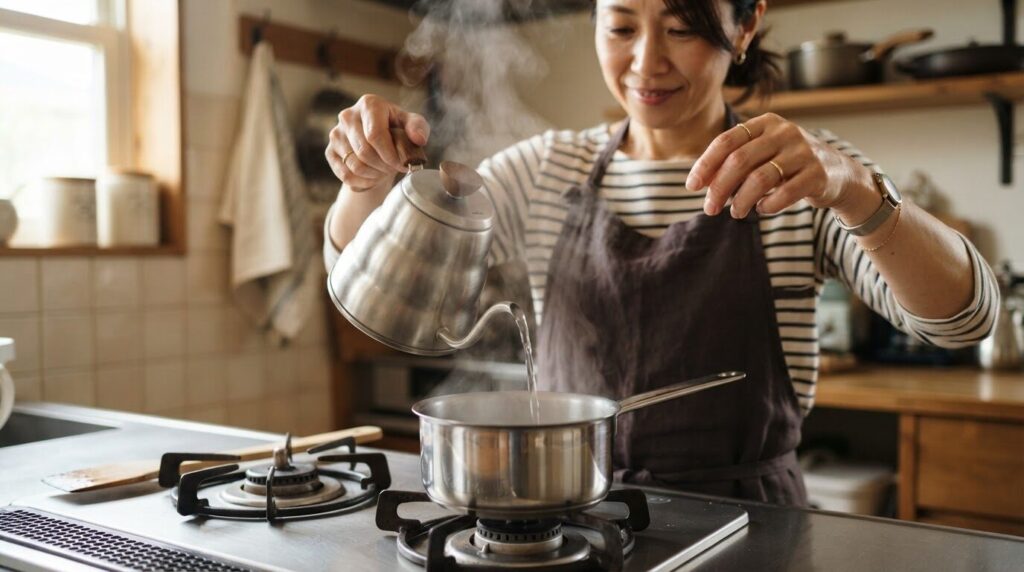 コーヒーポットを予熱するため、優雅に立ち上る湯気と共にケトルからお湯を注ぐ日本人女性。事前温めのテクニックを実演する朝のキッチンシーン。