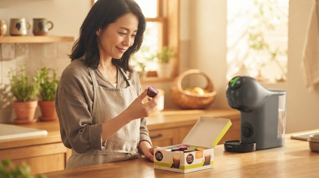カラフルなカプセルボックスから好みのカプセルを手に取り表示を確認する日本人女性の後ろに、ドルチェグスト本体がほのかに見える。