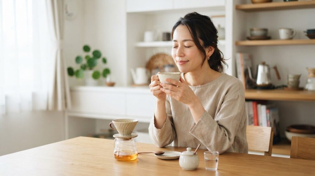 明るいミニマリストなキッチンで、すっきりとした透明感のあるコーヒーの香りを両手でカップを持って深く味わう日本人女性。