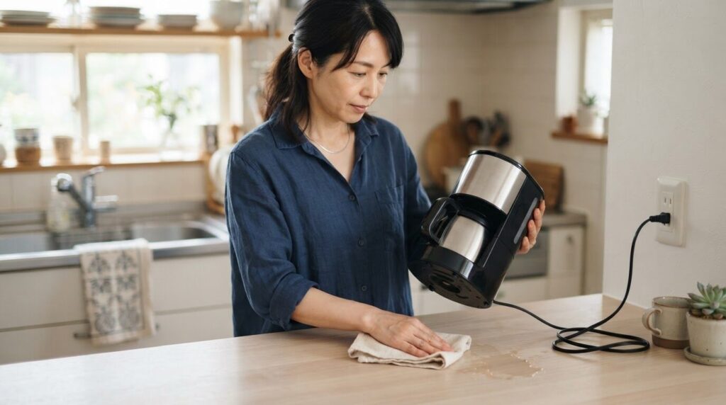 水漏れがないか電源を抜いた状態でコーヒーメーカーを確認する日本人女性
