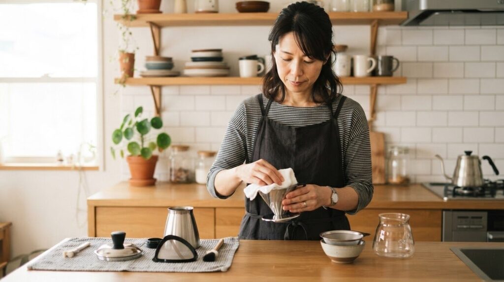 明るい朝の清潔なキッチンカウンターで、分解したコーヒーメーカーの各パーツを乾燥用タオルに丁寧に並べ、一枚ずつ心を込めて拭いている日本人女性
