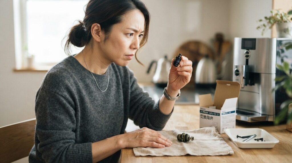 古いしずくもれ防止弁と新しい交換部品を指先で比較し、適合を確認する日本人女性のクローズアップ