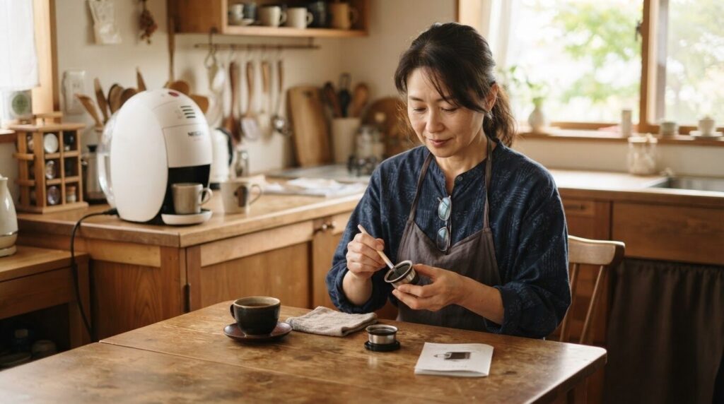 木製テーブルのある落ち着いたキッチンで、カウンター上のネスカフェ バリスタを背に部品の手入れをする日本人女性。