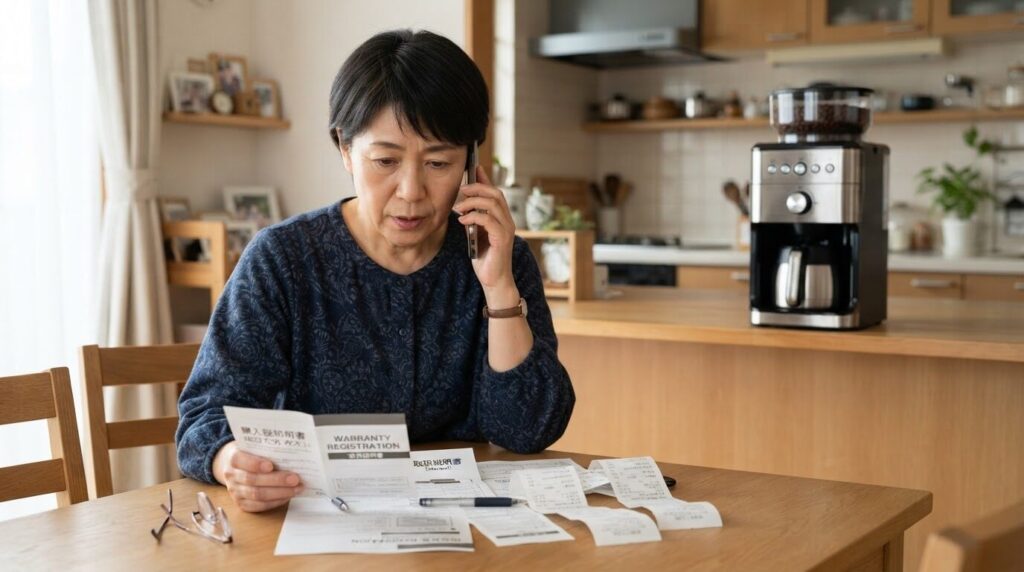 保証書とレシートを確認しながらメーカーサポートに電話する日本人女性