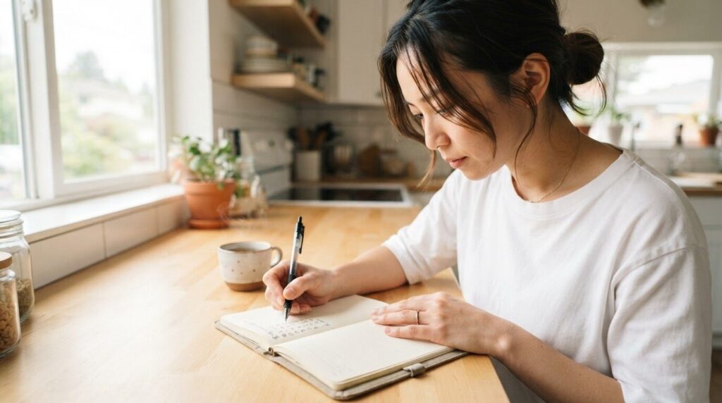 キッチンカウンターでノートにメモを取りながら数値を記録している日本人女性。