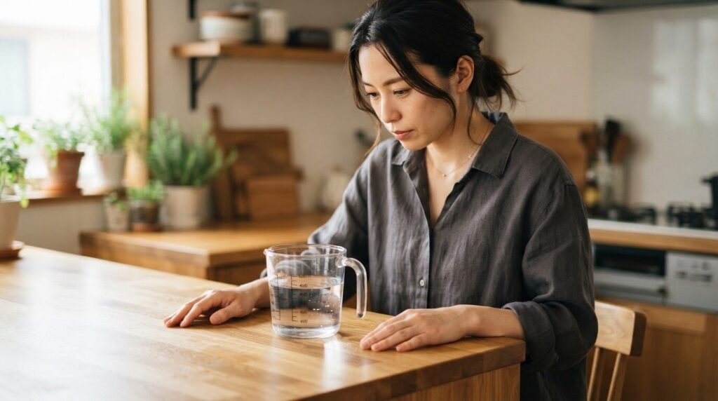 コーヒーメーカーから給水タンクを丁寧に取り外し、目盛りを確認している手元。