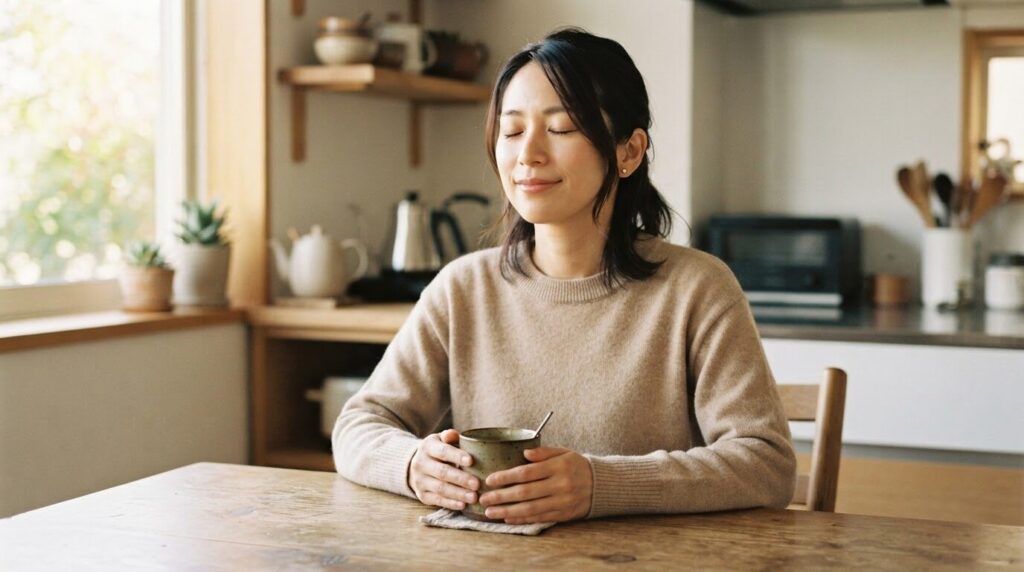 朝のテーブルで両手をテーブルに置いて、コーヒーを静かに楽しんでいる日本人女性。