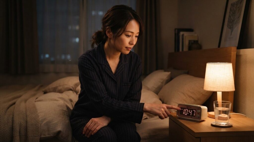 寝室のナイトスタンドで目覚まし時計の時刻を静かに合わせる日本人女性