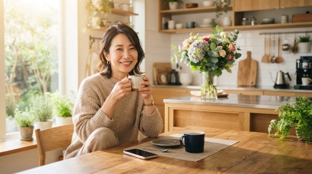 清潔なキッチンで日本人が淹れたてのコーヒーを満足そうな笑顔で楽しんでいる様子。洗浄完了後の心地よさと完了感を表現する画像。