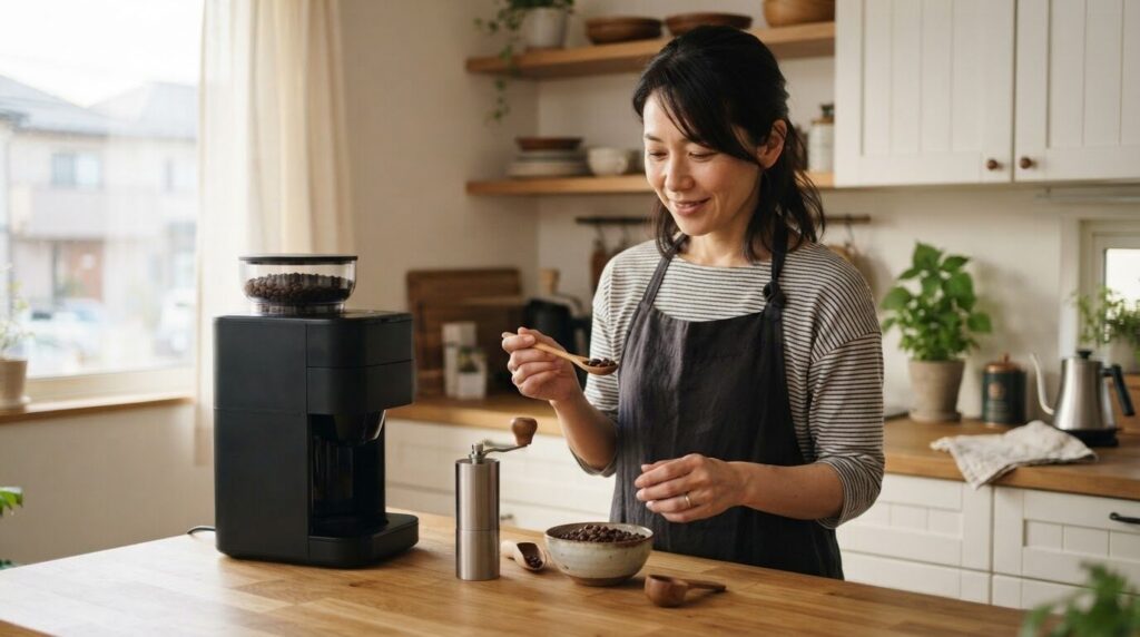 全自動コーヒーメーカーと手挽きミルを使い分ける電動コーヒーの使用イメージ