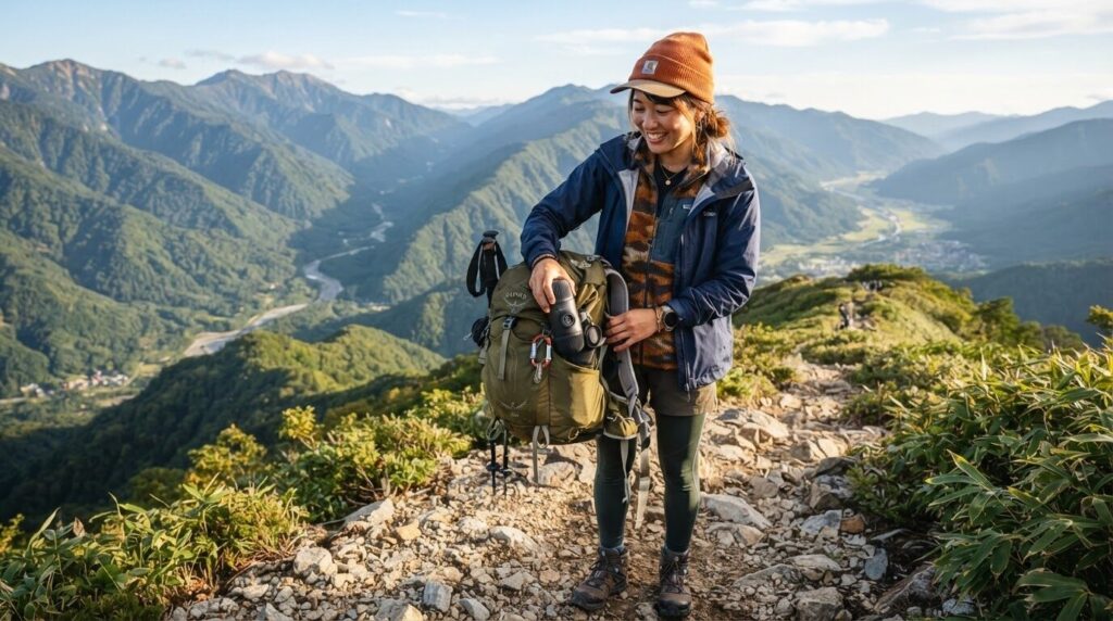 山頂へのハイキング道で、日本人女性がハンドル付きの手のひらサイズコーヒーメーカーをリュックから持ち出している様子。軽量で持ち運びに便利な点を表現。