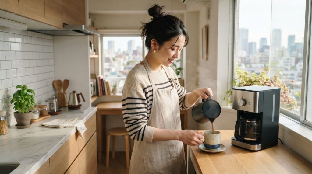 一人暮らしのコンパクトなキッチンで電動コーヒーメーカーを使う日本人女性