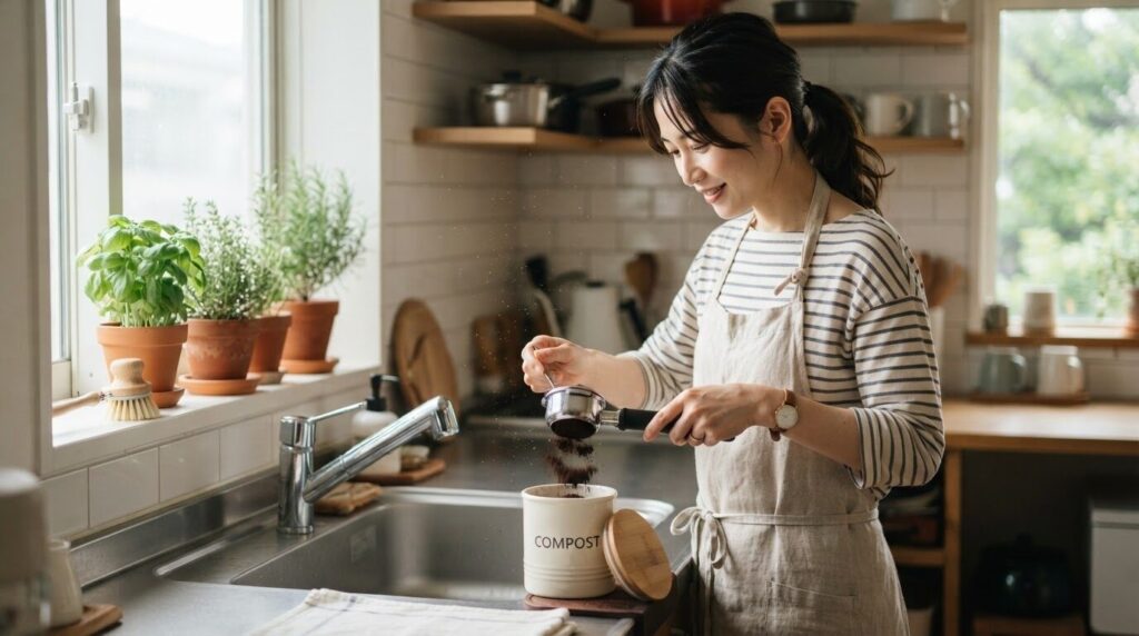 シンクでフィルターからコーヒーかすを取り出し、清潔に処理する日本人女性。有機物が害虫の餌になるリスクを回避する正しい習慣を表現