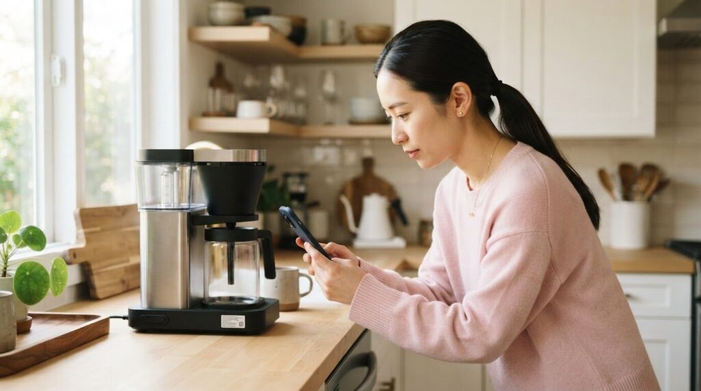 コーヒーメーカーの底面ラベルをスマートフォンで撮影する日本人女性。後日の照合のために記録する様子。