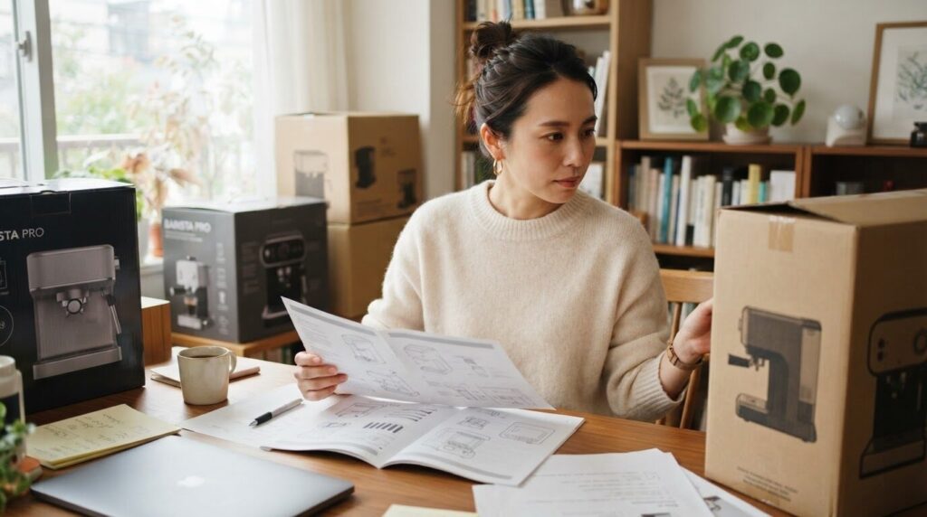 デスクで複数のコーヒー機器の説明書類を並べて比較調査する日本人女性。FAQに役立つ真剣な情報収集の様子。