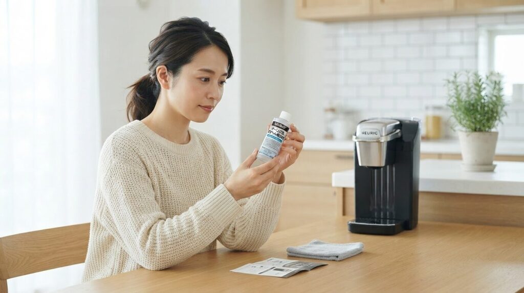 自宅の木製テーブルでキューリグ用の水あか除去洗浄剤ボトルを真剣な表情で確認する日本人女性。