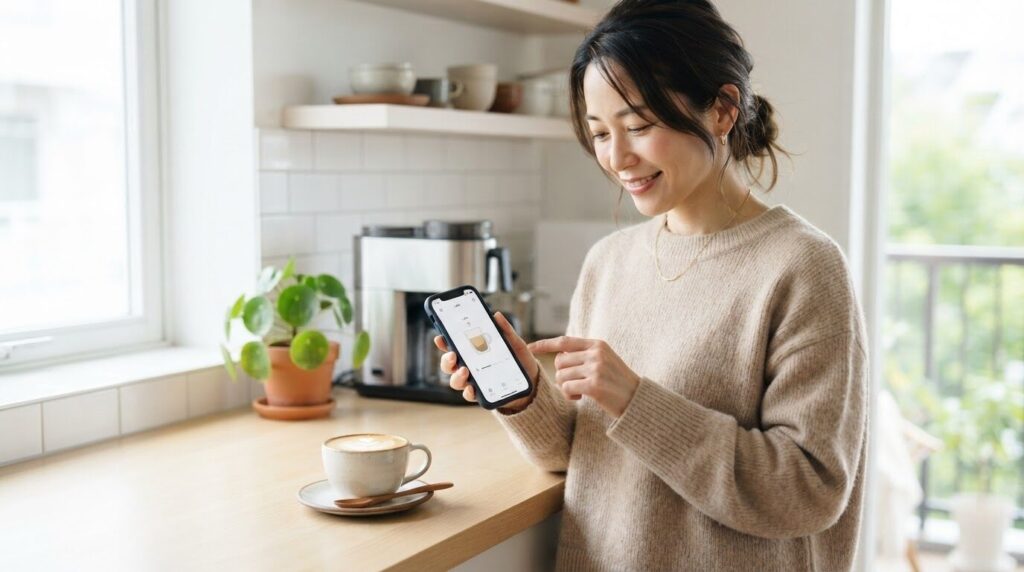 バリスタアプリ設定のためスマートフォンをタップする30代日本人女性と完成したコーヒーのマグ