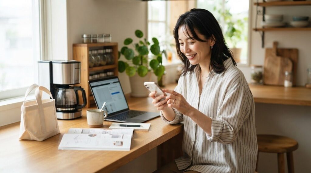 ノートパソコンとスマホで部品価格や在庫を比較する日本人女性