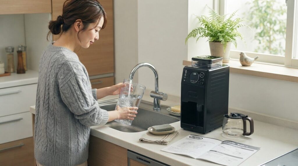 コーヒー豆を入れずに説明書どおり給水タンクへ水を入れる日本人女性
