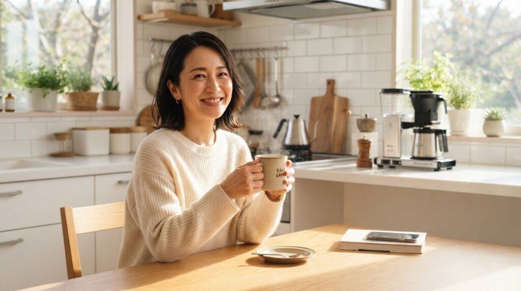 手入れの行き届いた清潔なコーヒーメーカーで淹れた湯気立つコーヒーをテーブルで楽しみながら満足げに微笑む日本人女性。お手入れの成果がもたらす至福の朝の風景