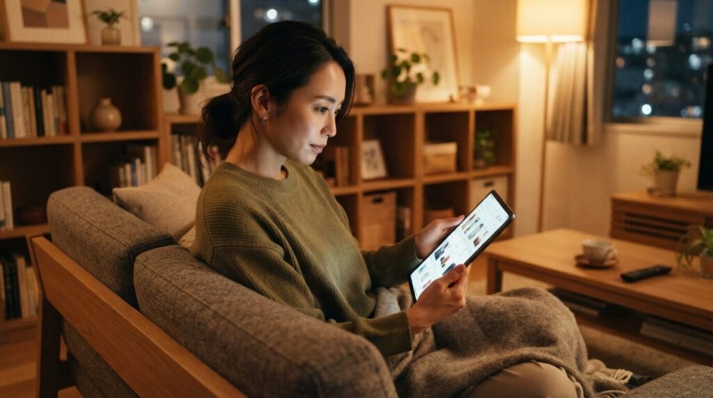 ソファに座った日本人の女性がタブレットで正規販売チャネルを真剣な表情で確認している様子。購入先の販売元や公式表記を選ぶ安心感を表現する画像。