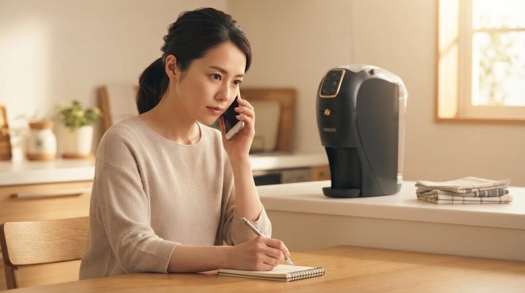 キッチンテーブルのわきに置かれたネスカフェバリスタを前に、電話しながらサポートへ伝える内容をメモする日本人女性。型番・症状・操作履歴を整理してから連絡する準備された姿勢を表現した画像。