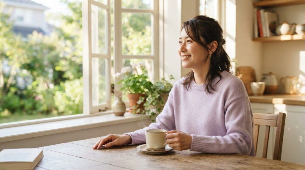 朝日が差し込む窓辺のテーブルでコーヒーを置き、静かに外を見つめて微笑む日本人女性。