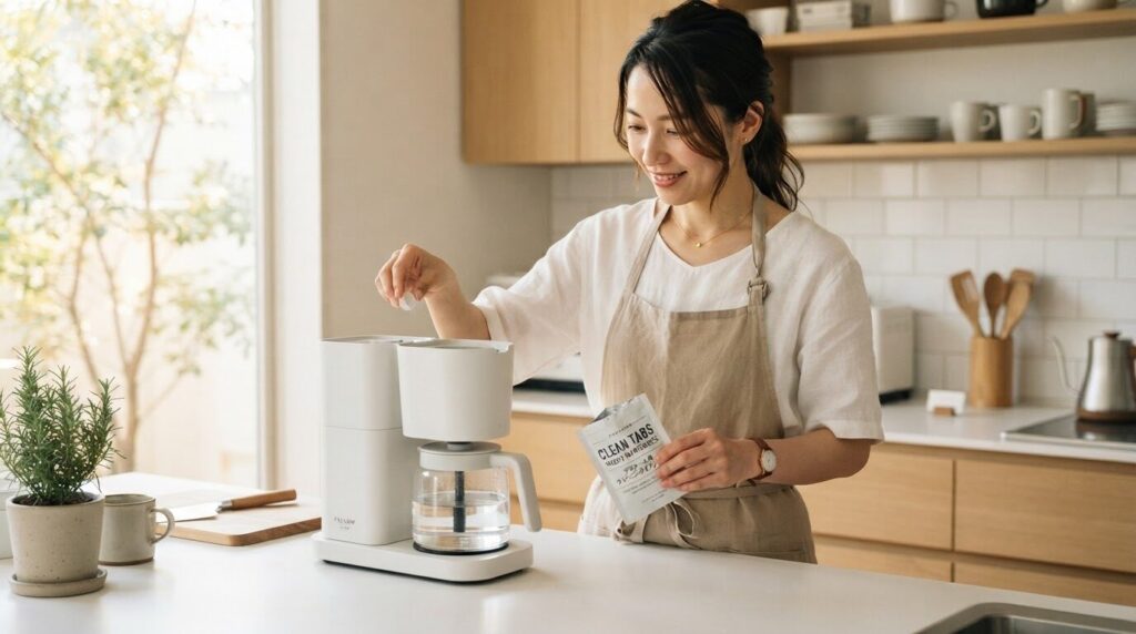 朝の日差しが差し込む明るいキッチンで、ドリップ式コーヒーメーカーに発泡錠を入れる日本人女性のライフスタイルシーン