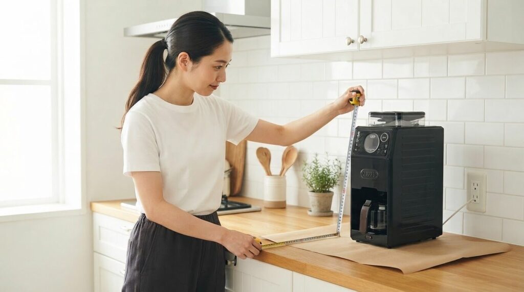 設置場所の高さと奥行きをメジャーで採寸する日本人女性とK-CM9本体