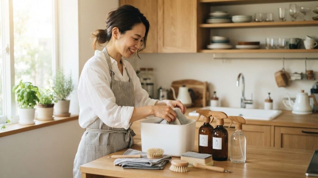 エプロン姿の日本人女性が大きな容器と洗浄用品を清潔なキッチンカウンターに準備している様子。互換品の濃度や保証を確認する準備を整える真剣な姿勢を表現する画像。