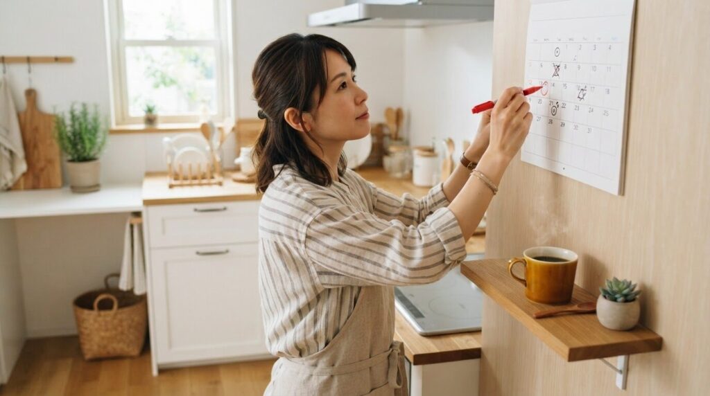 明るいキッチンで日本人が壁に掛けたカレンダーに赤ペンでメンテナンス日を印している様子。6か月ごとの洗浄時期を管理する計画的な姿勢を表現する画像。