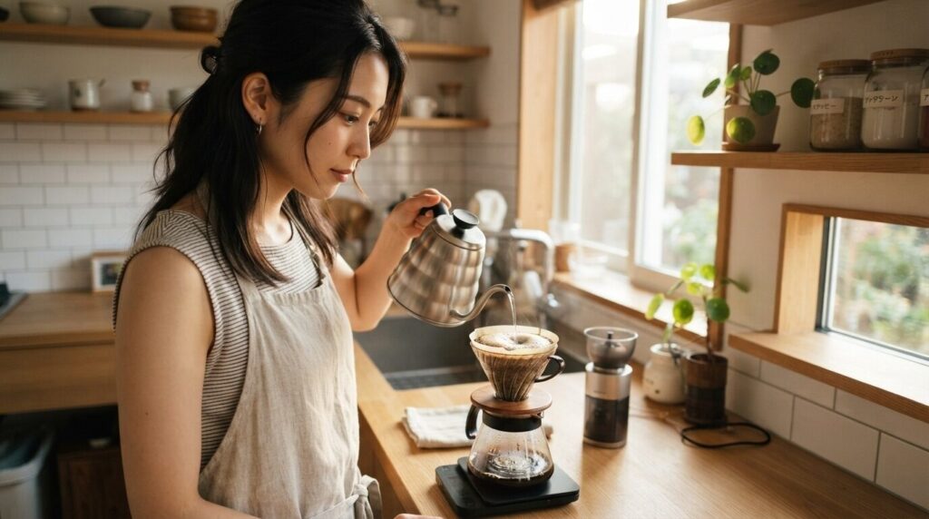 コーヒー粉に少量のお湯をゆっくり注ぎ、蒸らしの瞬間を真剣に見つめる日本人女性。