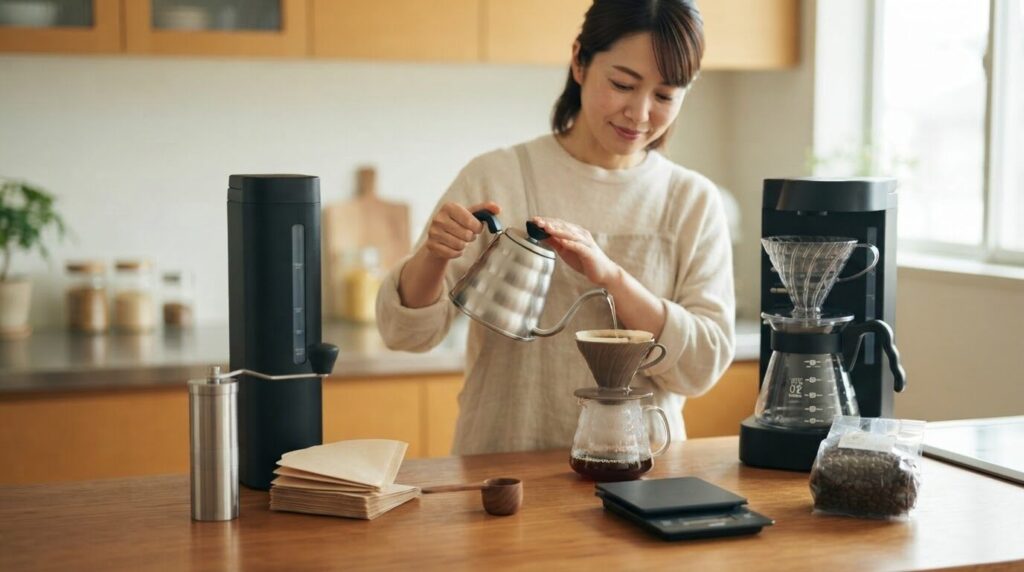 電動コーヒーメーカー使用前の準備道具が広がる朝の風景