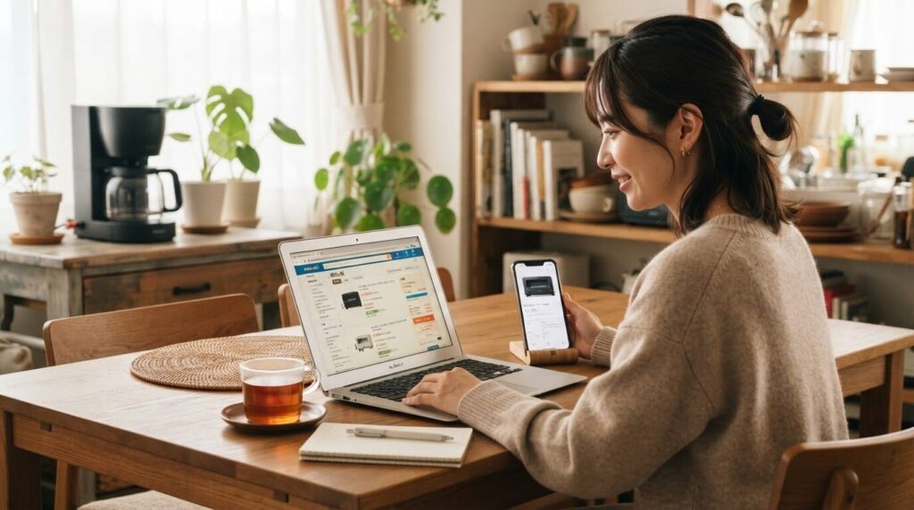 価格や仕様をノートPCとスマホで比較する朝のダイニング