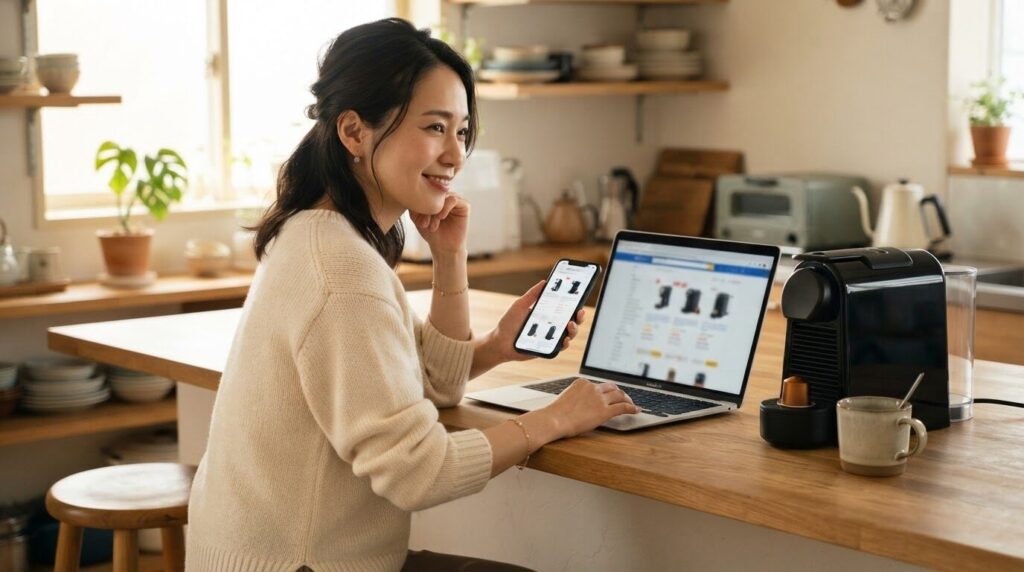 スマホとノートで価格や在庫を確認する朝の時間