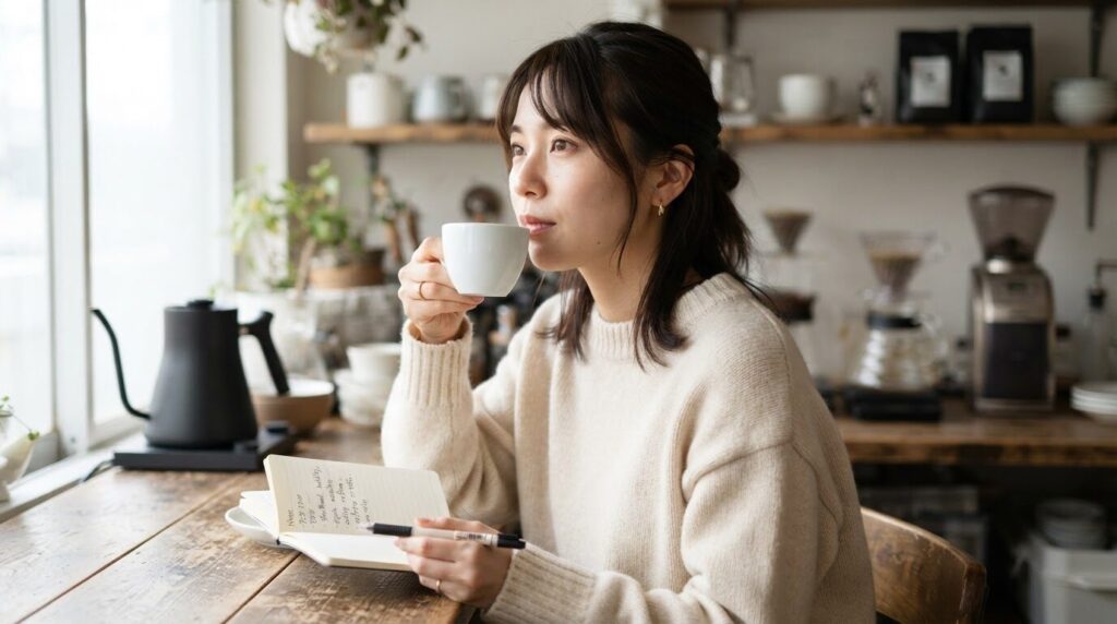 淹れたコーヒーを味わいながら、ノートにレシピを記録する日本人女性。