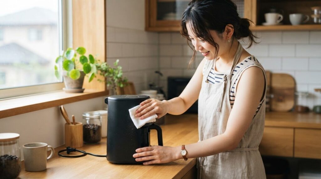電動コーヒーメーカーの本体を布で拭いて日々手入れする様子
