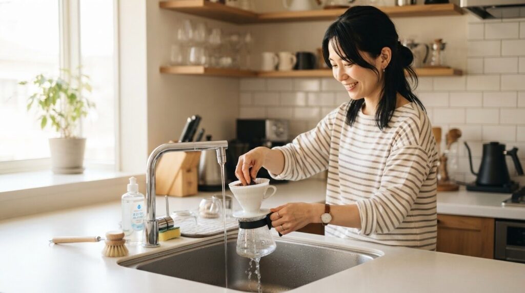 抽出後にシンクでドリッパーのパーツを丁寧に洗浄する日本人女性の様子。使用後すぐの清掃習慣の大切さを表現したライフスタイル写真