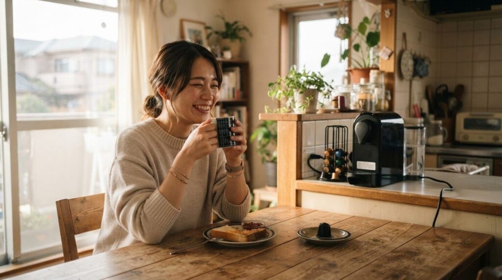 朝食時に電動コーヒーメーカーのコーヒーを楽しむ日本人