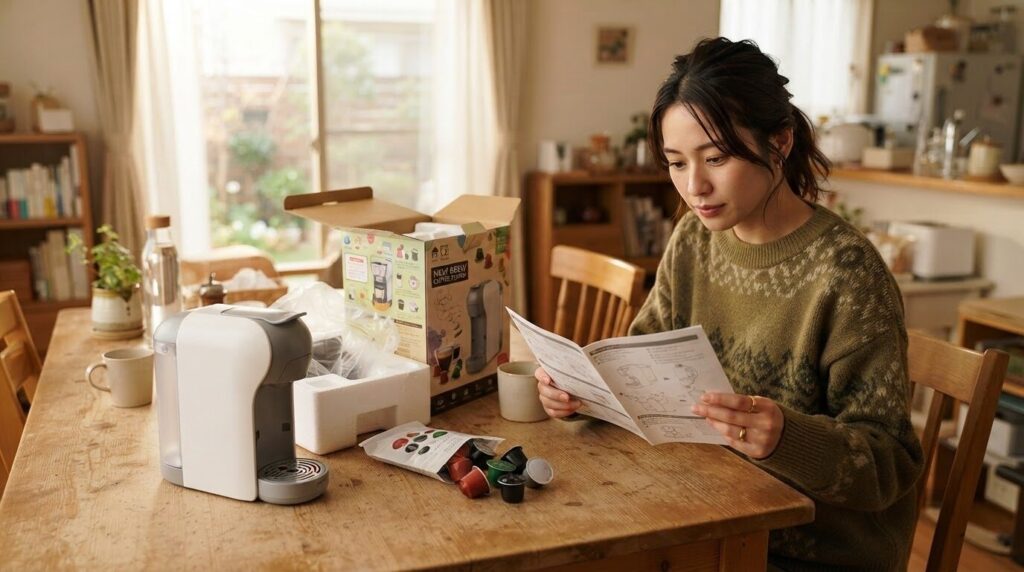 開封した電動コーヒーメーカーの説明書を読む初期設定のシーン