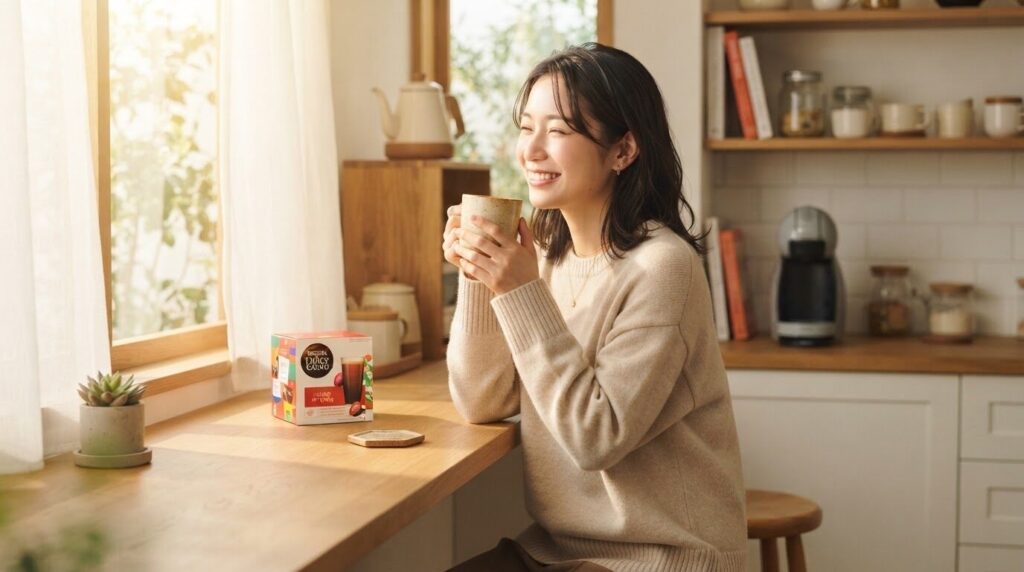 朝の柔らかな光が差し込むキッチンで、温かいマグカップを両手で包む日本人女性。カウンターには色鮮やかなデザインの、コンパクトなドルチェグストのカプセルボックスが置かれている朝のシーン。