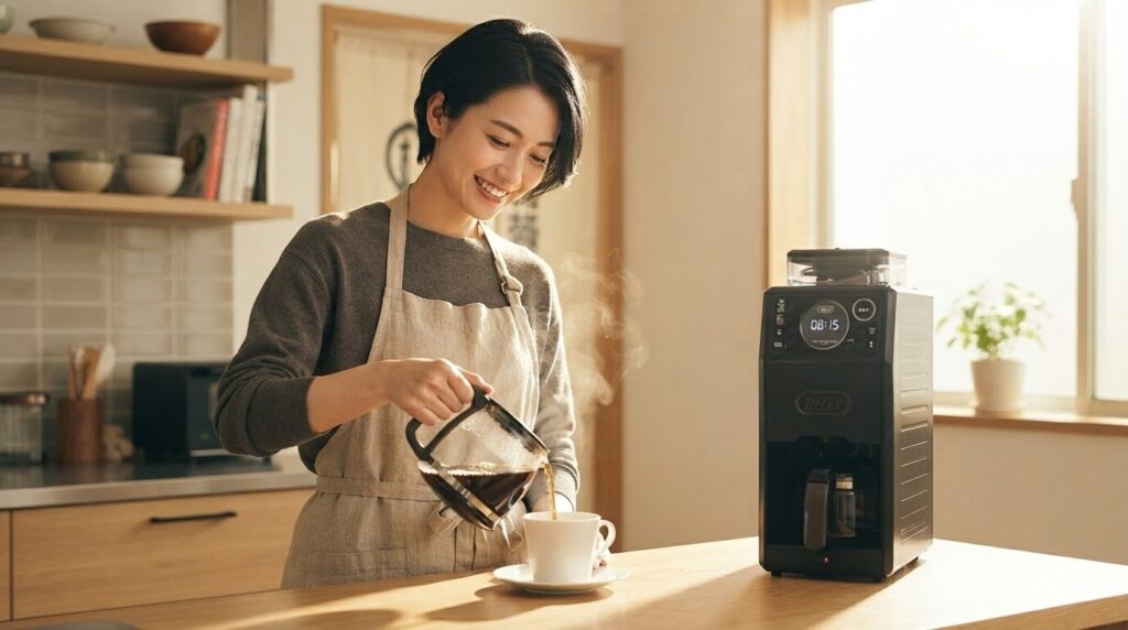 Toffy K-CM9で淹れたてのブラックコーヒーを白いカップに注ぐ日本人女性の朝のキッチンシーン