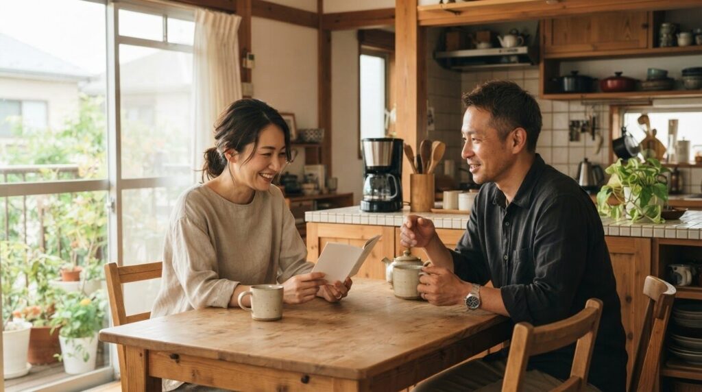 キッチンで家族と電動コーヒーメーカーについて話し合う様子