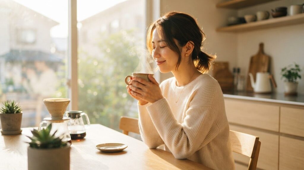朝の光が差し込むモダンなキッチンで、両手で湯気の立つコーヒーカップを顔に近づけ、目を閉じて香りを楽しむ日本人女性の朝の寛ぎのひととき。